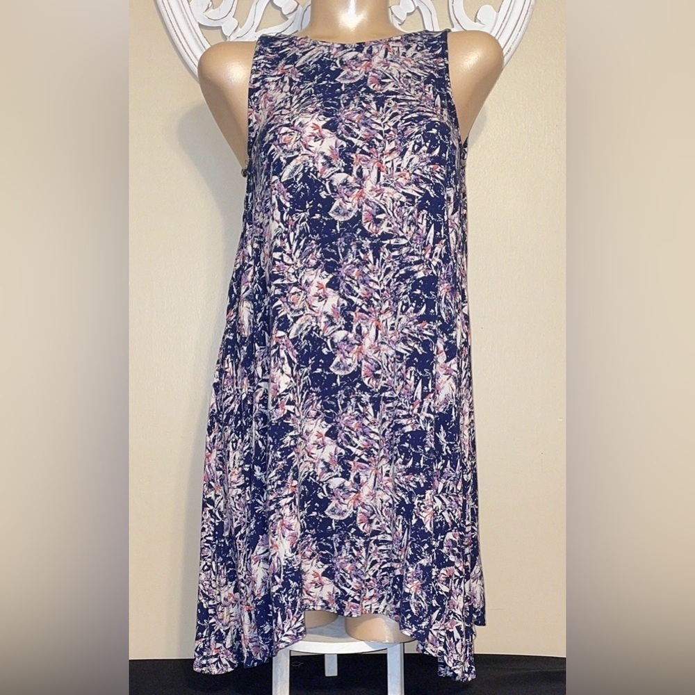 Roxy women’s dress large 12 14 mini swing capella Navy blue floral tank u back